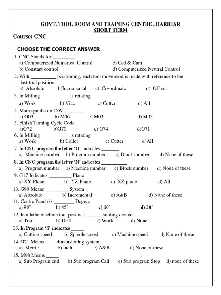 CNC Milling MCQ PDF Numerical Control Industrial Equipment