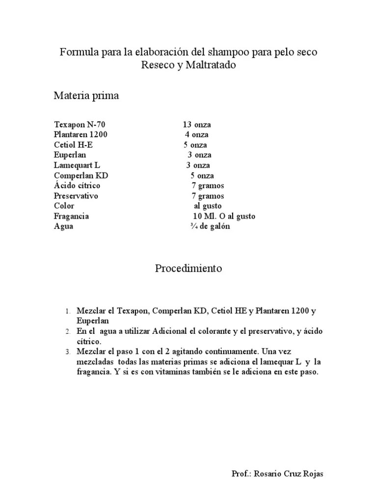 formula para la elaboración del shampoo seco Naturaleza