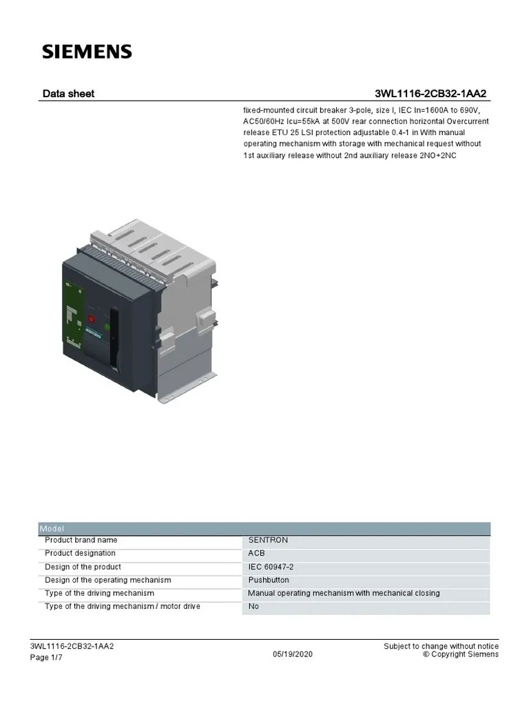 Data Sheet 3WL1116-2CB32-1AA2: Model | PDF | Alternating Current