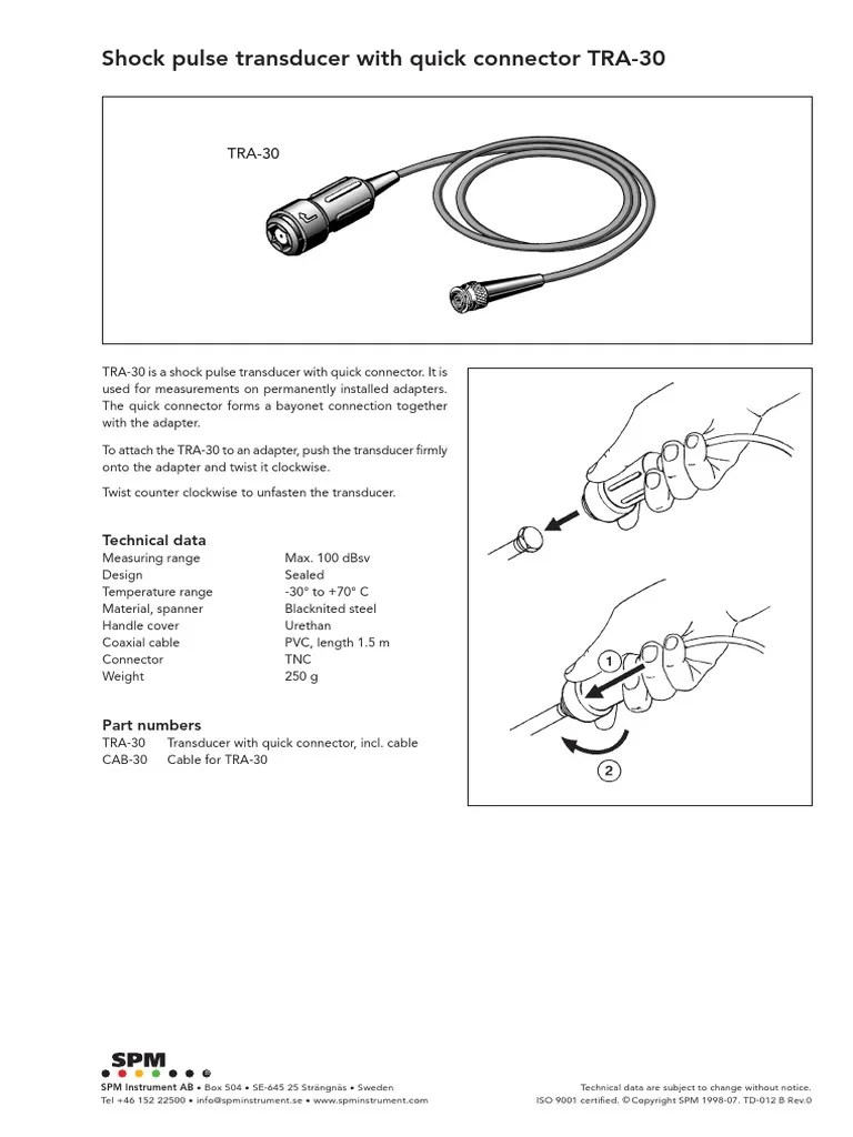 Shock Pulse Transducer With Quick Connector TRA30 Technical Data PDF