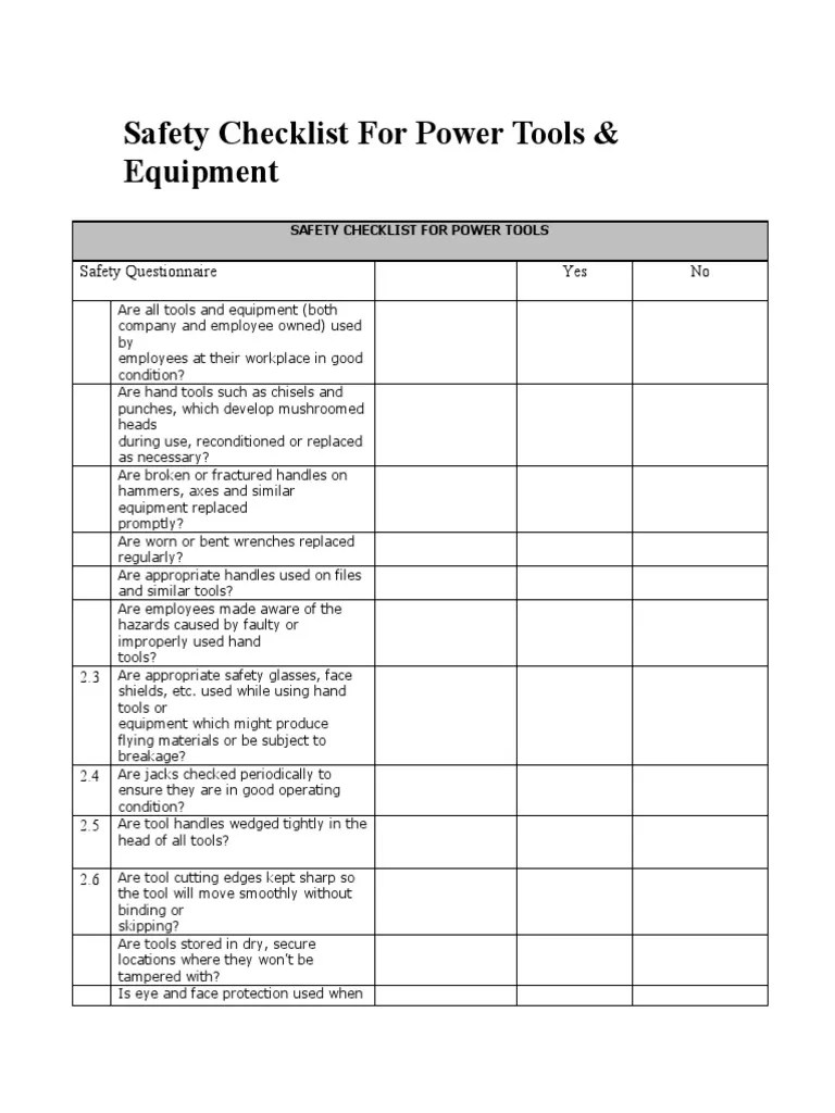 Safety Checklist For Power Tools Equipment PDF Tools Equipment