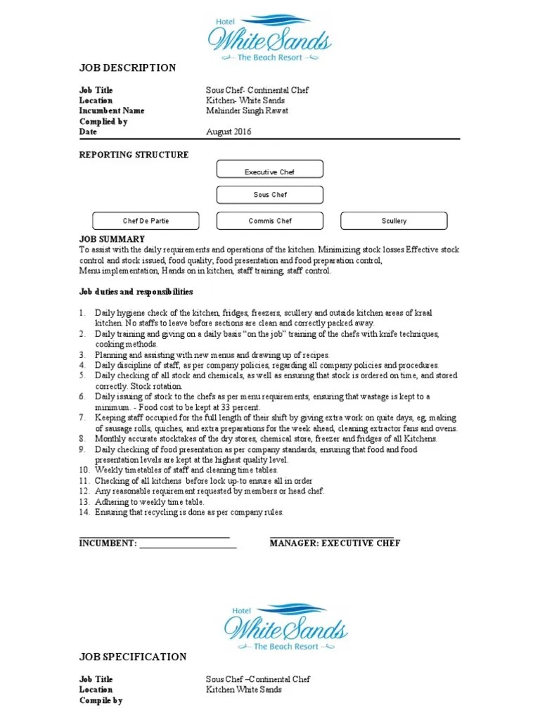 JOB DESCRIPTION Sous Chef PDF Chef Kitchen