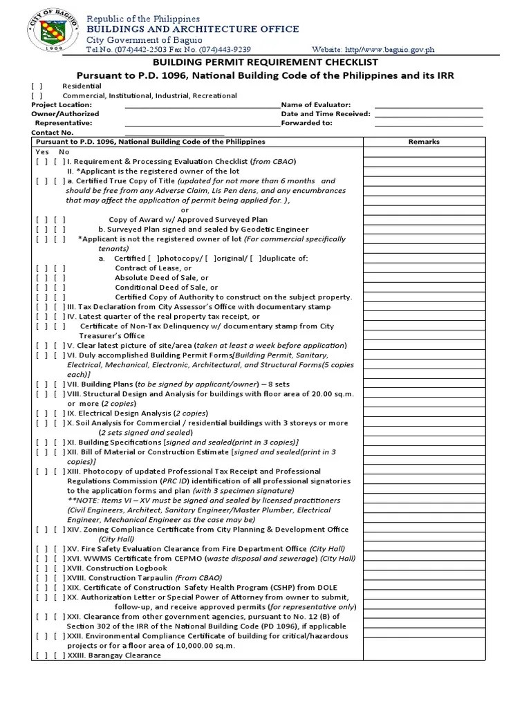 Building Permit Requirement Checklist Pursuant To P.D. 1096, National Building Code of The