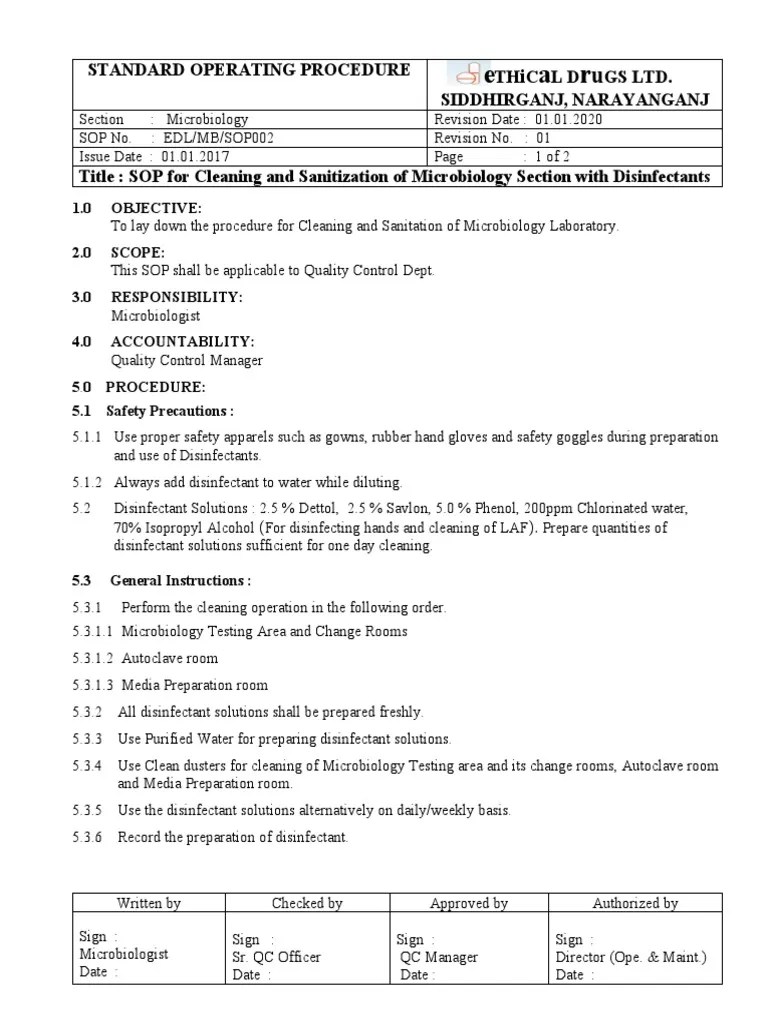 SOP For Cleaning and Sanitation of Microbiology Section With