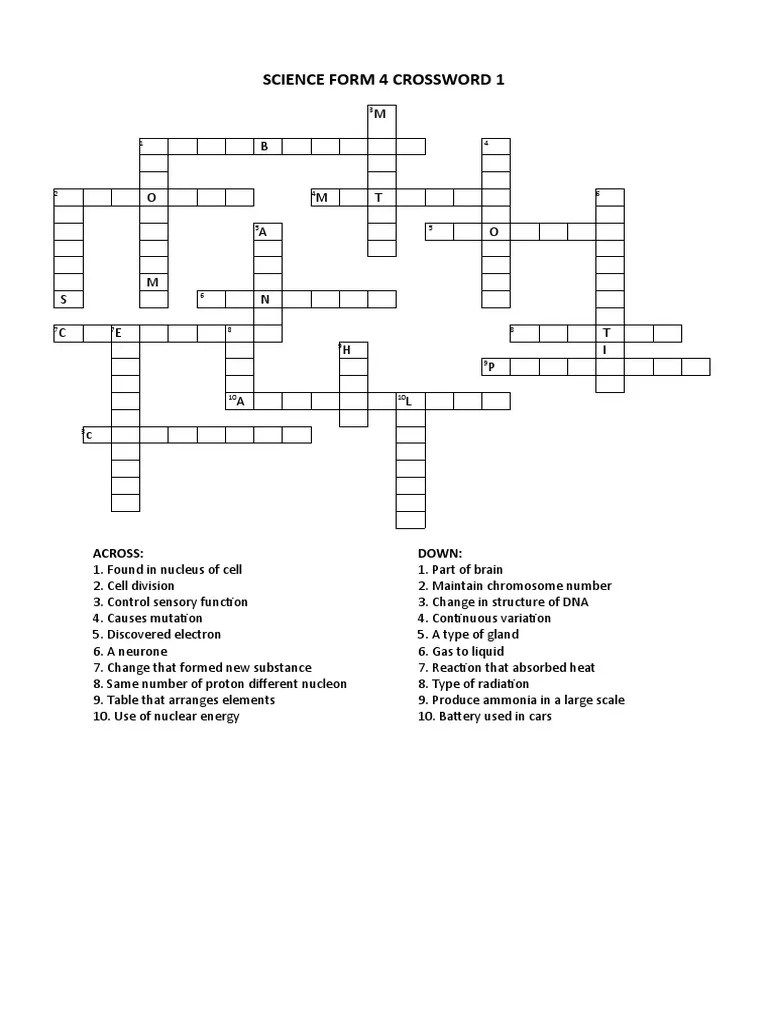 Science Form 4 Crossword 1-Blank