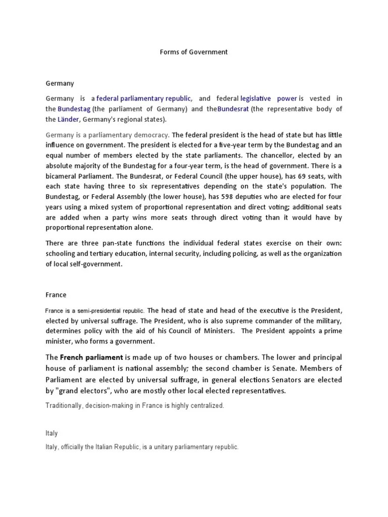 Forms of Government PDF Parliament Federal Government Of The