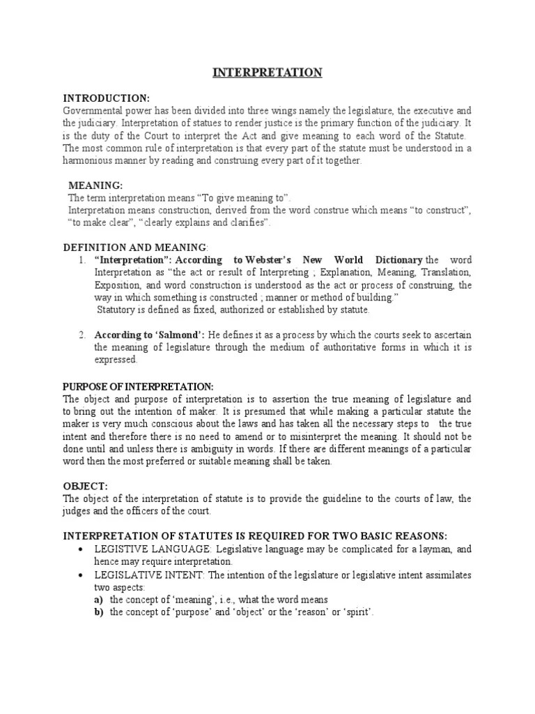 Meaning of Interpretation of Statutes and The Intention of Legislature