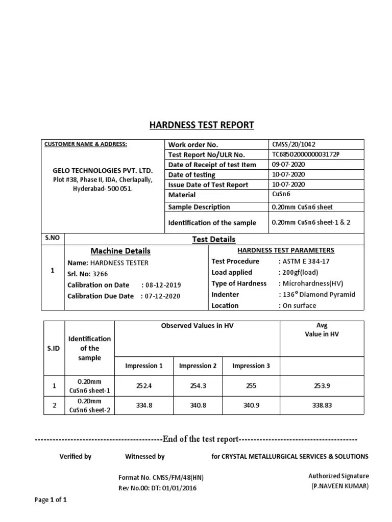 Hardness Test Report Test Details Machine Details PDF Tests