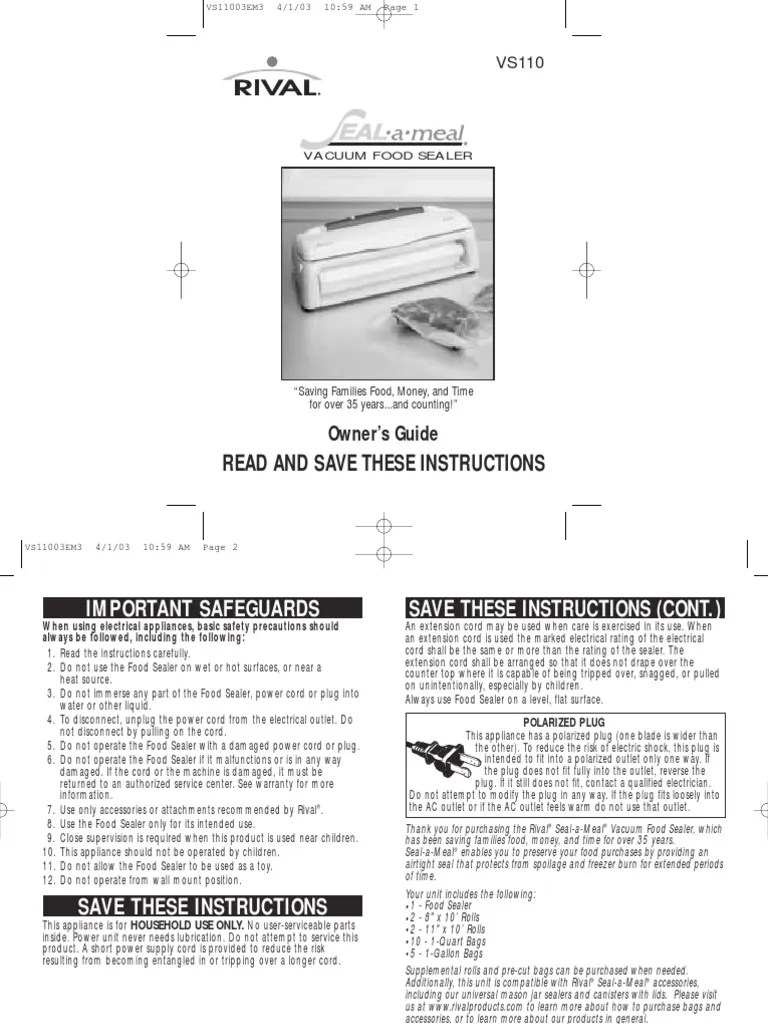 Seal A Meal Rival VS 110 Manual PDF Refrigerator Foods