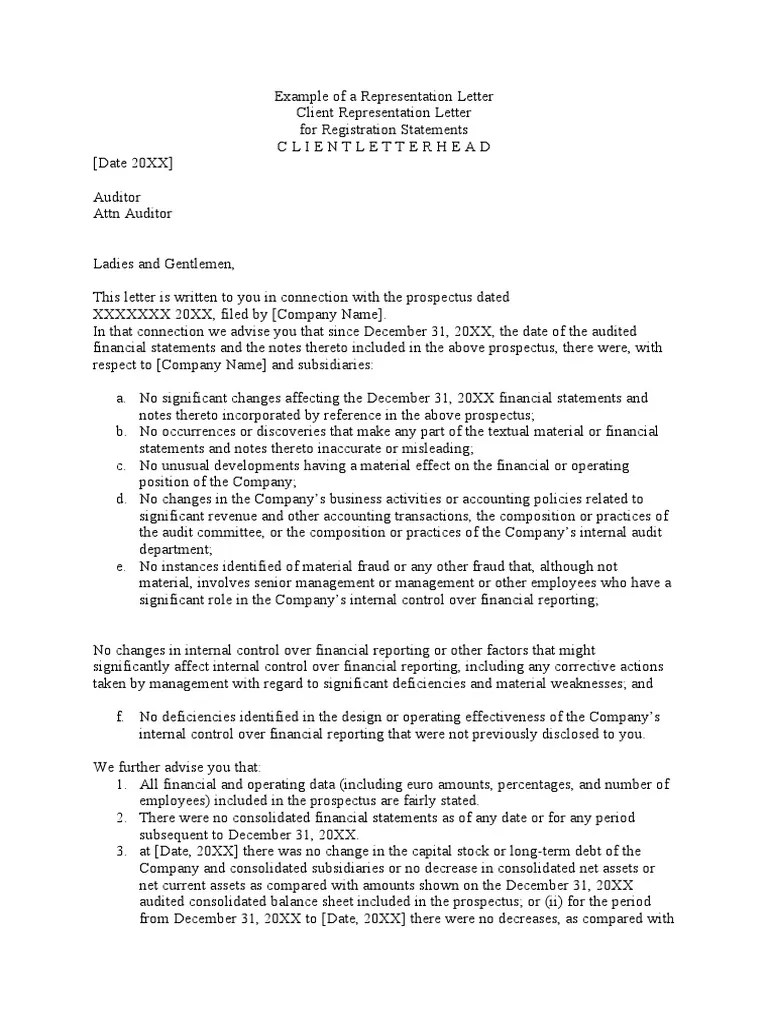 Example of A Representation Letter PDF Internal Control Financial Statement