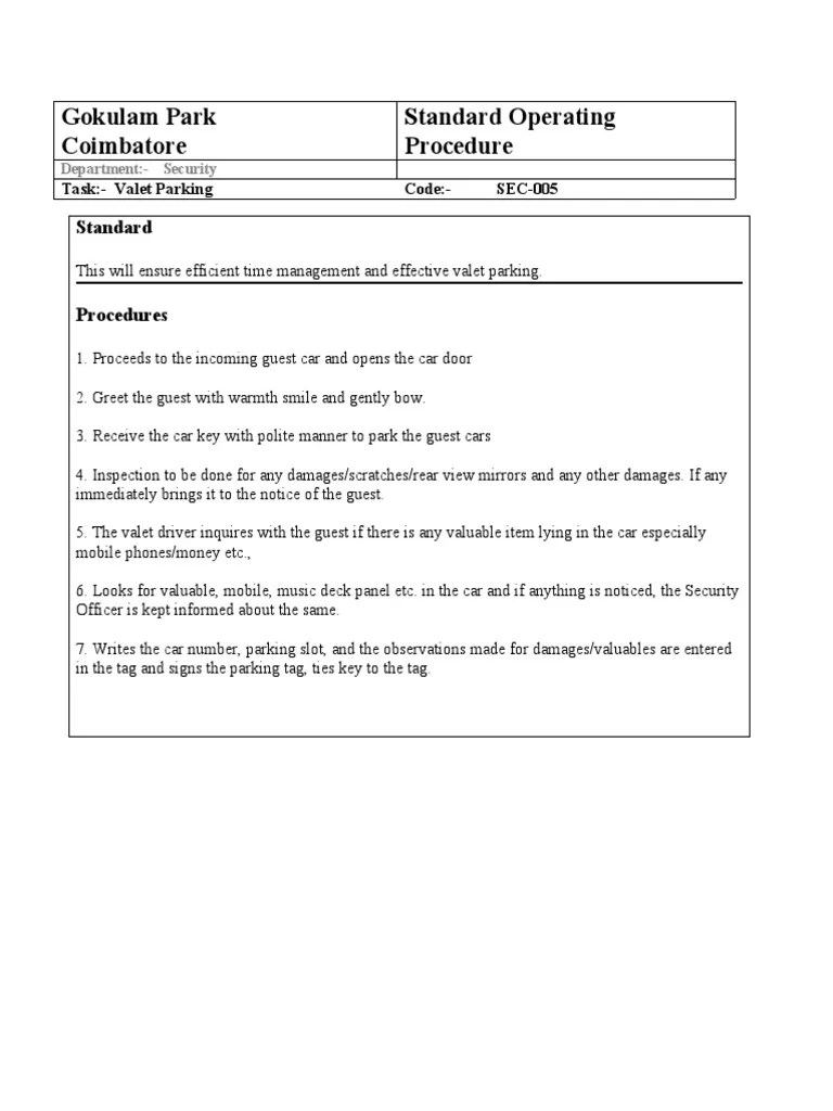 Ensuring Efficient and Effective Valet Parking Through Standard