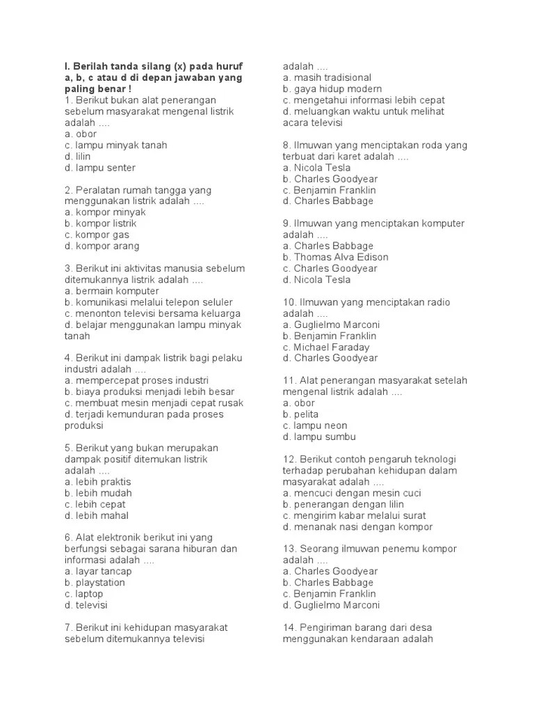 I. Berilah Tanda Silang (X) Pada Huruf A, B, C Atau D Di Depan Jawaban Yang  Paling Benar ! | PDF