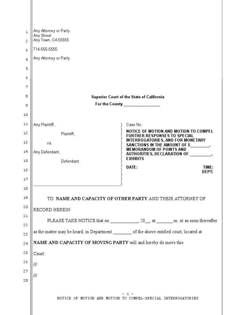 Sample Motion to Compel Further Responses to Special Interrogatories