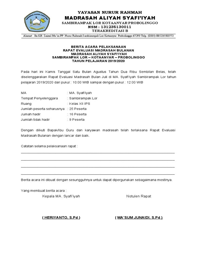 Berita Acara Rapat Evaluasi Madrasah Bulanan | PDF
