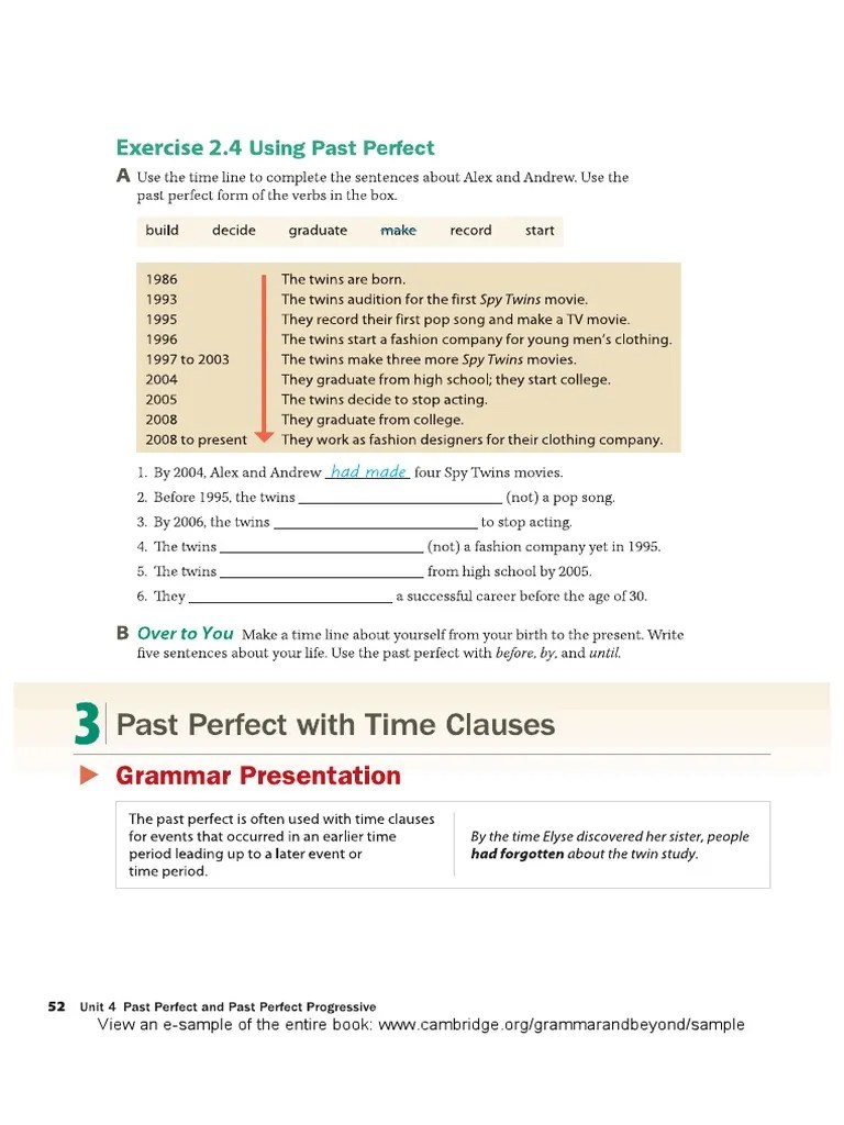 Past Perfect Time Clause Exercises PDF