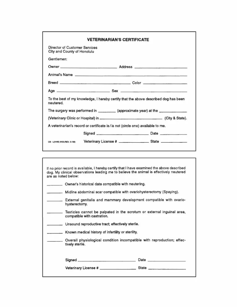 Veterinary Certificate Form CSL SS 81B