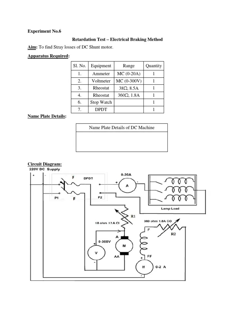 Experiment No.6 Retardation Test Electrical Braking Method Aim To Find Stray Losses of DC