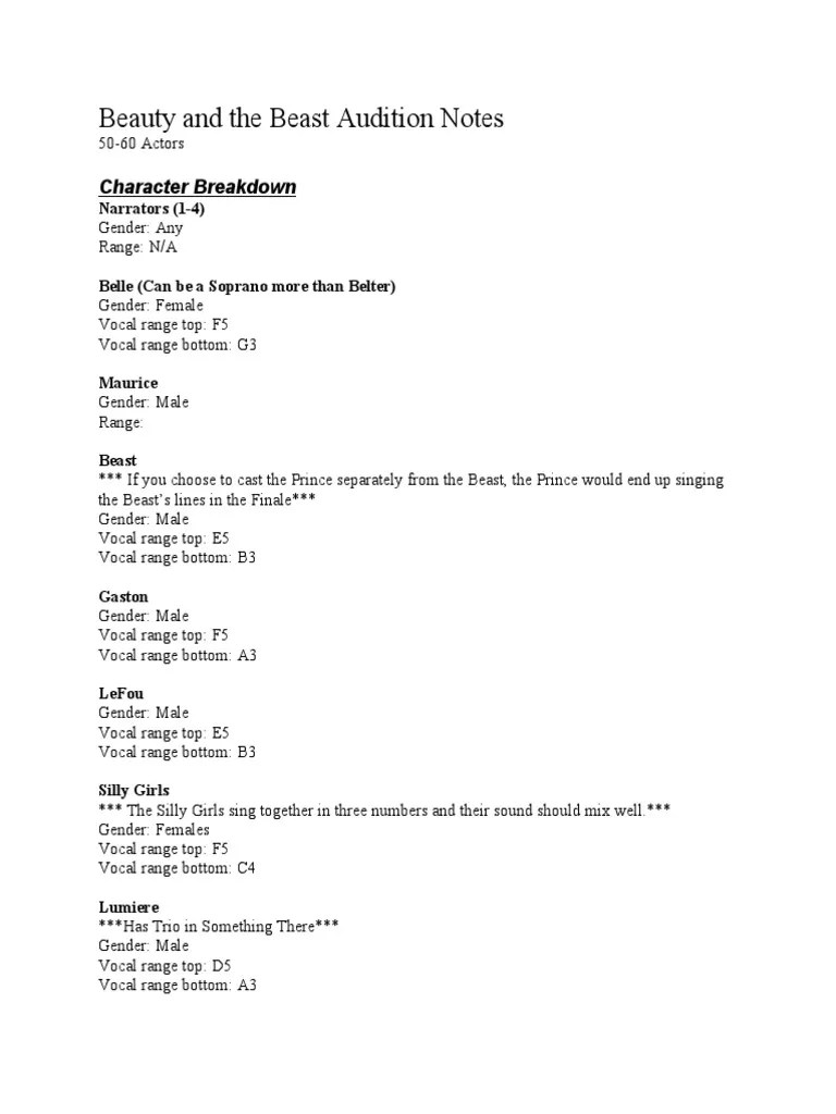 Beauty and The Beast JR Audition Notes PDF