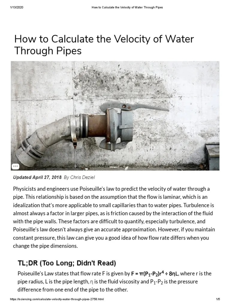 How To Calculate The Velocity of Water Through Pipes PDF Fluid