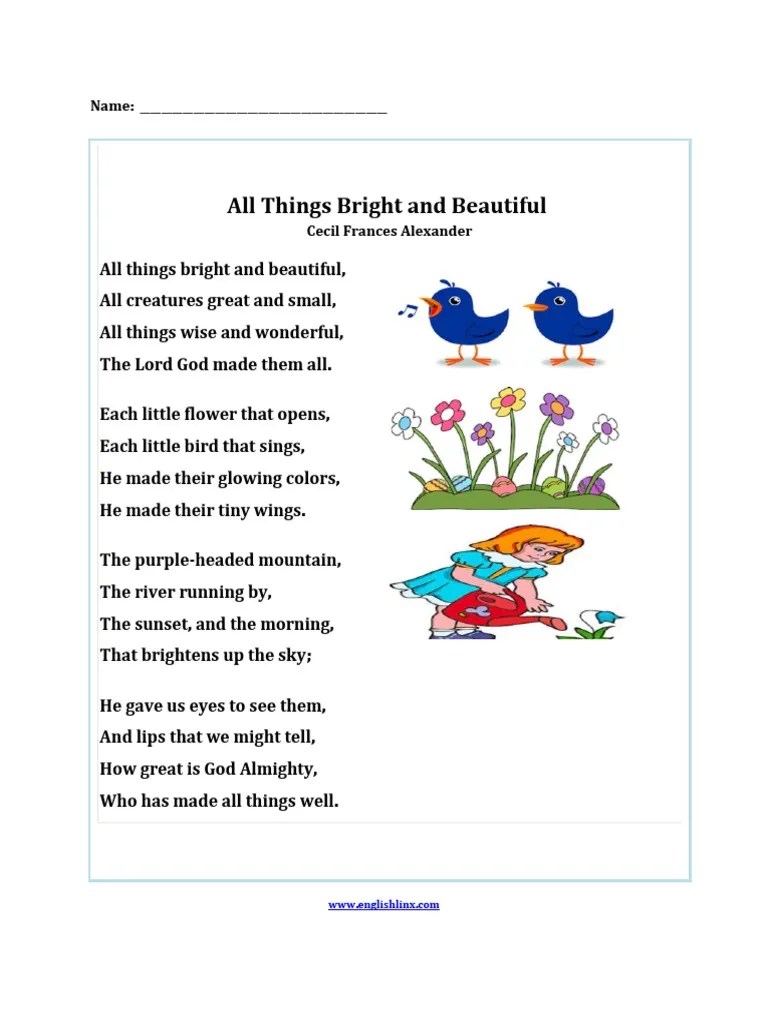 All Things Bright And Beautiful Poetry Worksheet PDF, 47 OFF