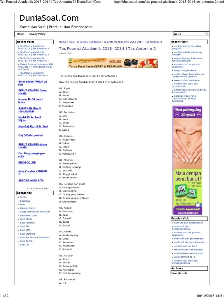 Tes Potensi Akademik 2013-2014 - Tes Antonim 2 - DuniaSoal
