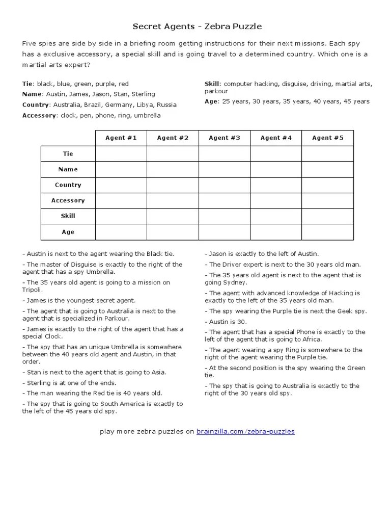 Secret Agents Zebra Puzzle PDF Espionage Violence