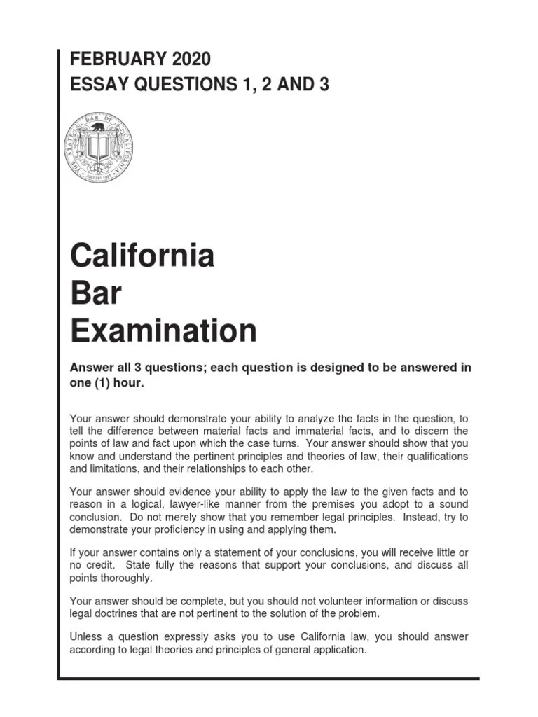 California Bar Examination February 2020 Essay Questions 1, 2 and 3 PDF Arbitration Insurance
