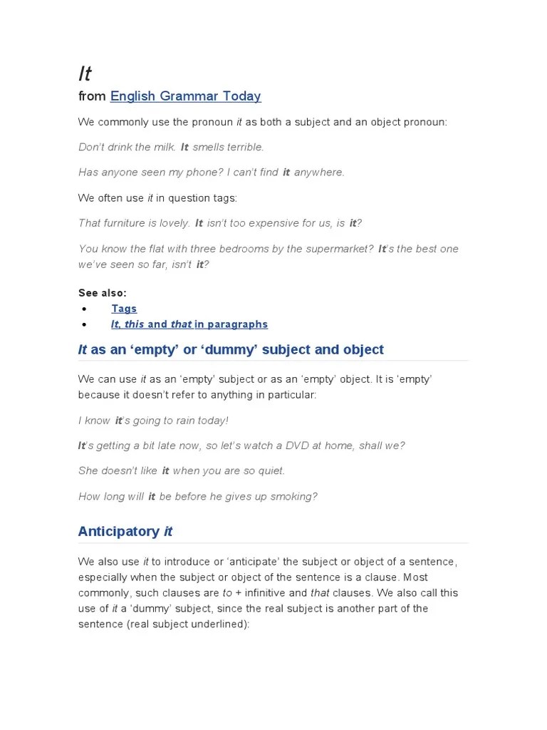 English Grammar Today It As An Empty' or Dummy' Subject and Object