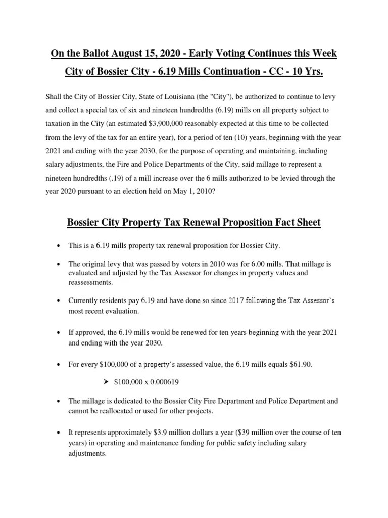 Bossier City Property Tax Renewal Proposition Fact Sheet PDF
