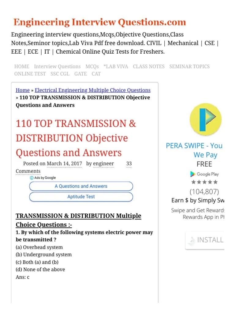 110 Objective Questions and Answers on Transmission and Distribution