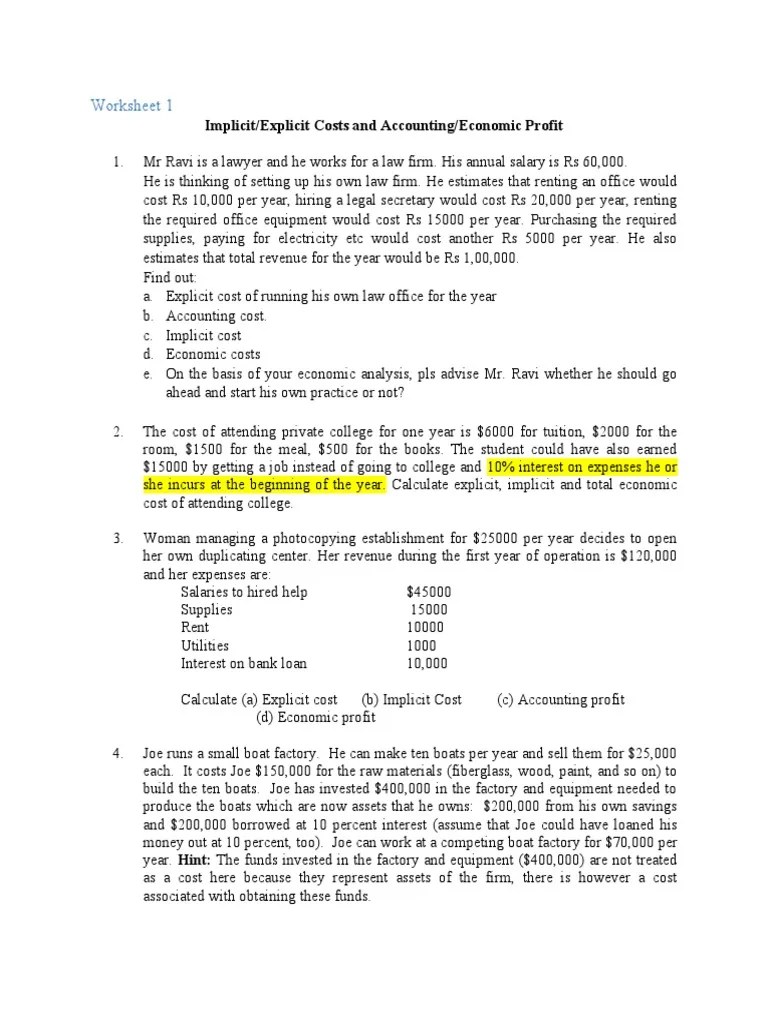 Worksheet 2 - Accounting and Economic Profit | PDF | Interest | Cost