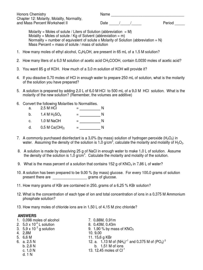 Molarity Molality Normality and Mass Percent Worksheet II PDF | PDF