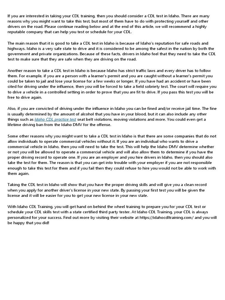 386050CDL Test Idaho | PDF | Driving Under The Influence | Government