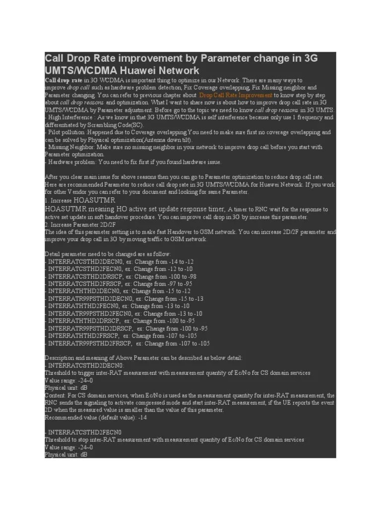Call Drop Rate Improvement by Parameter Change in 3G UMTS/WCDMA Huawei