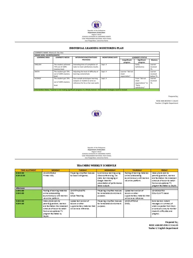 Individual Learning Monitoring Plan Reading Comprehension Learning