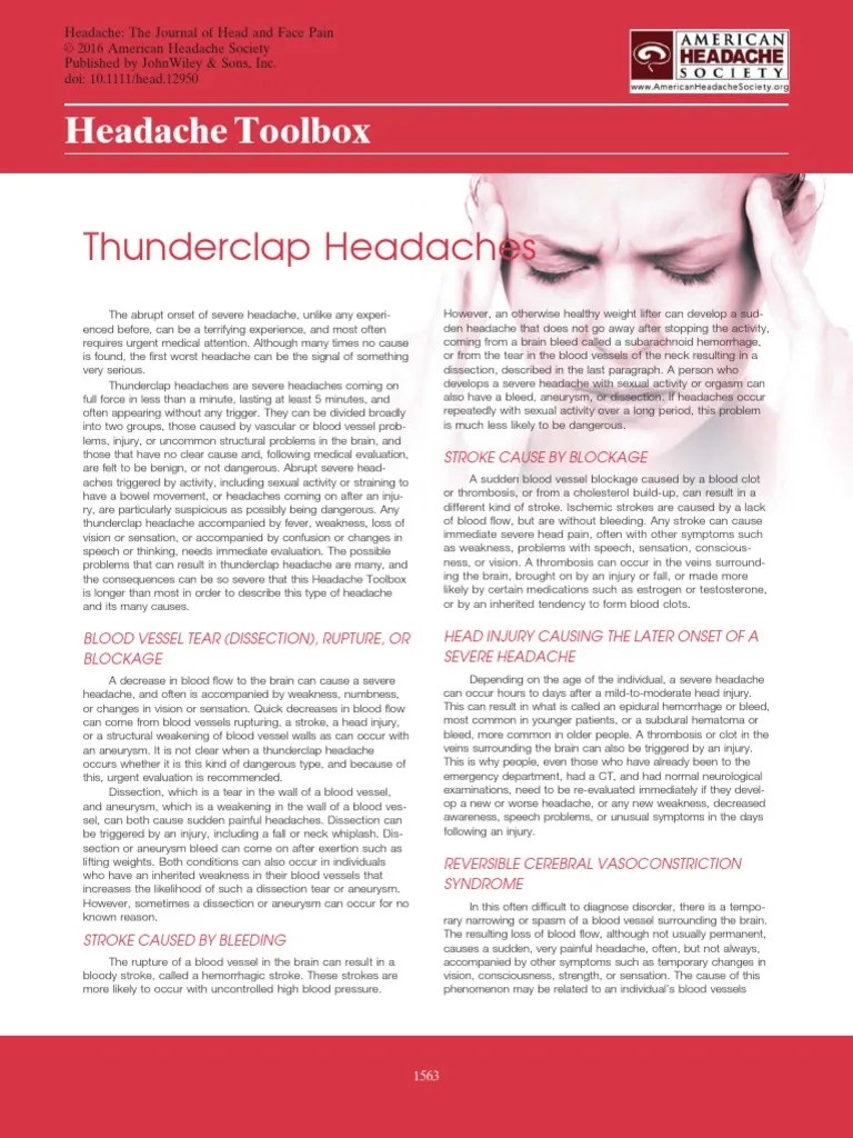 Thunderclap Headaches Headache Toolbox PDF Headache Stroke