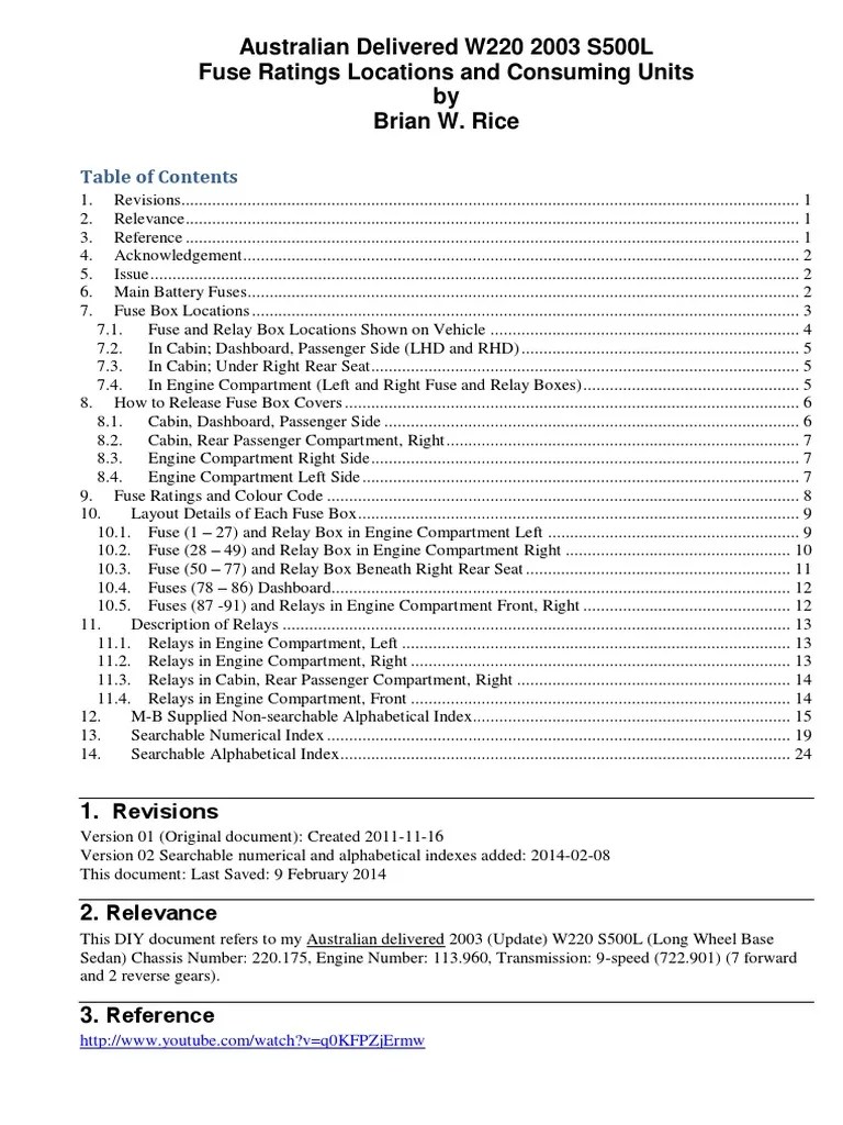 W220 Fuse Ratings Locations and Consuming Units Version 02 PDF