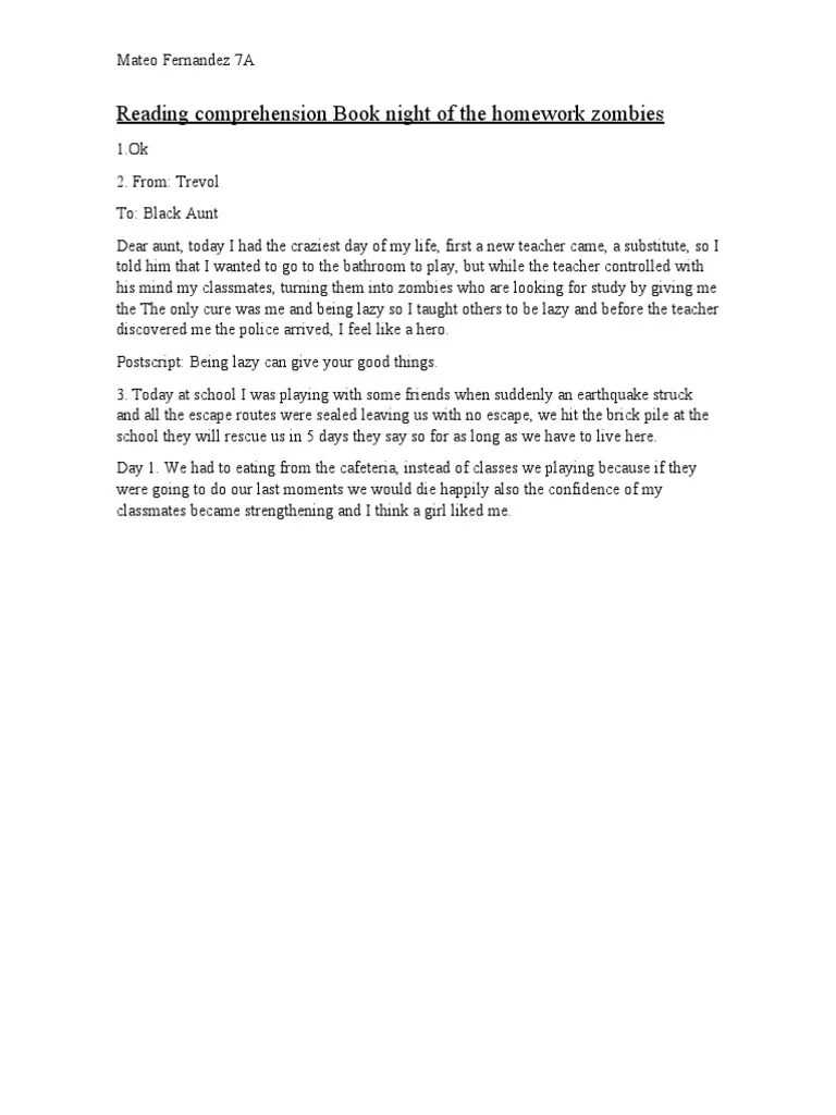 Reading Comprehension Book Night of The Homework Zombies PDF