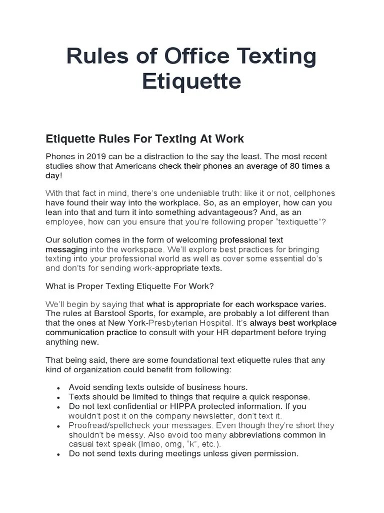 Rules of Office Texting Etiquette PDF Text Messaging Communication