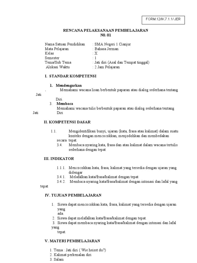 RPP Bahasa Jerman Kelas X SEM 1 | PDF