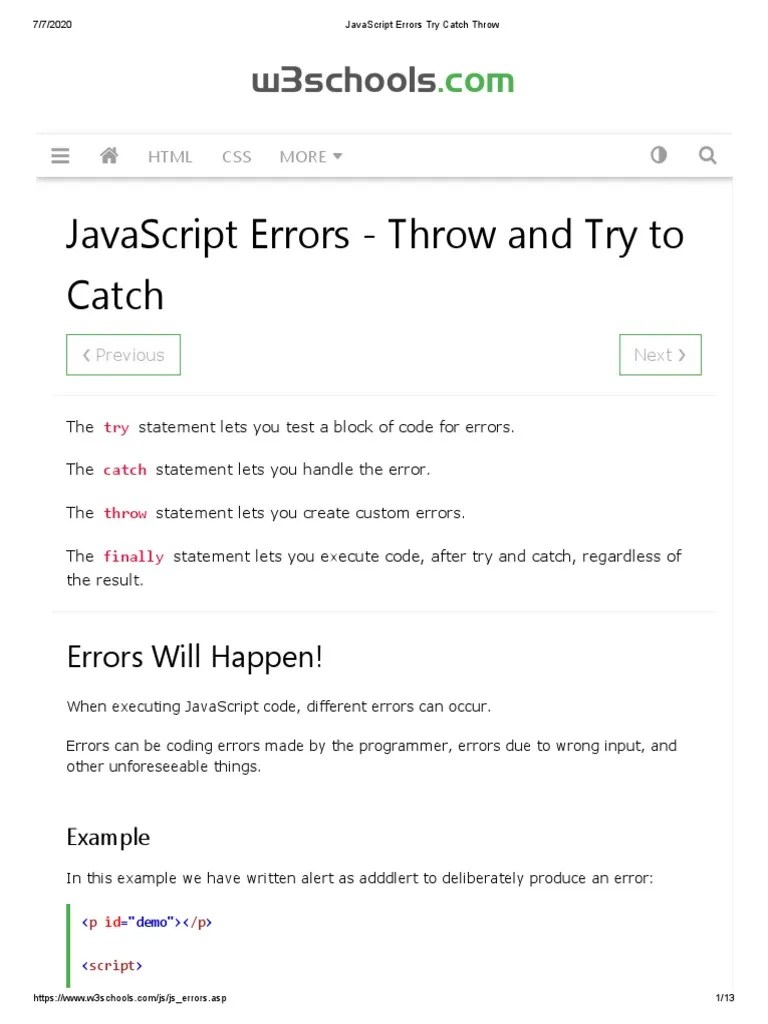 JavaScript Errors Try Catch Throw PDF Java Script J Query