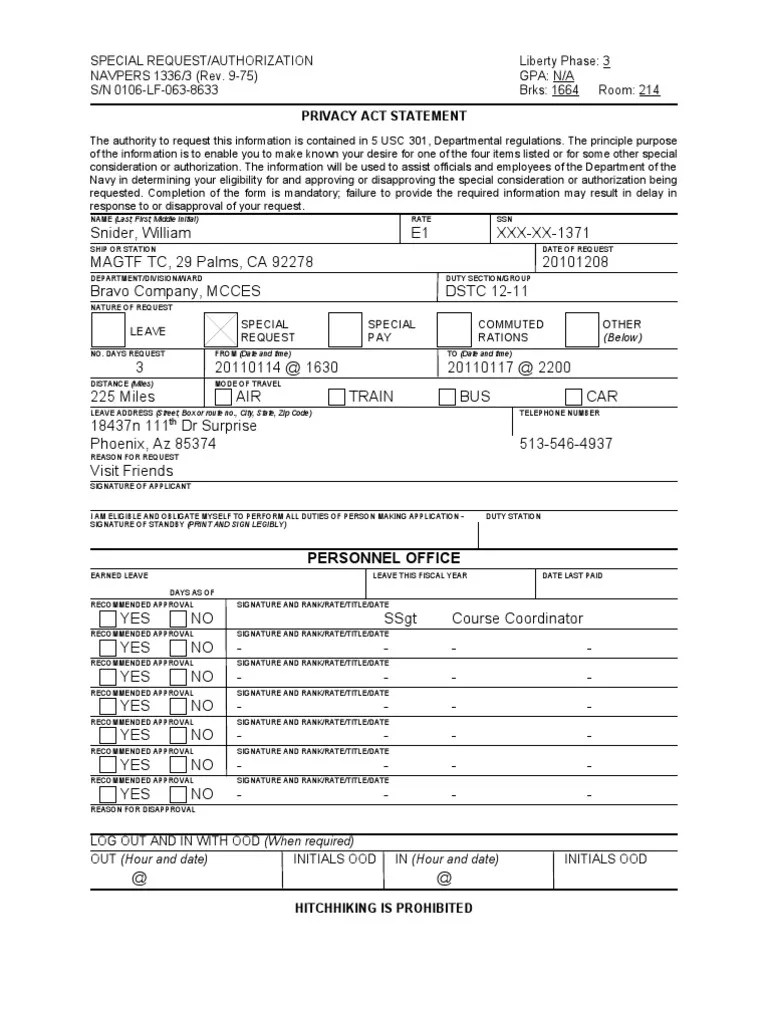 Special Request/Authorization Liberty Phase 3 NAVPERS 1336/3 (Rev. 975) Gpa N/A S/N 0106LF