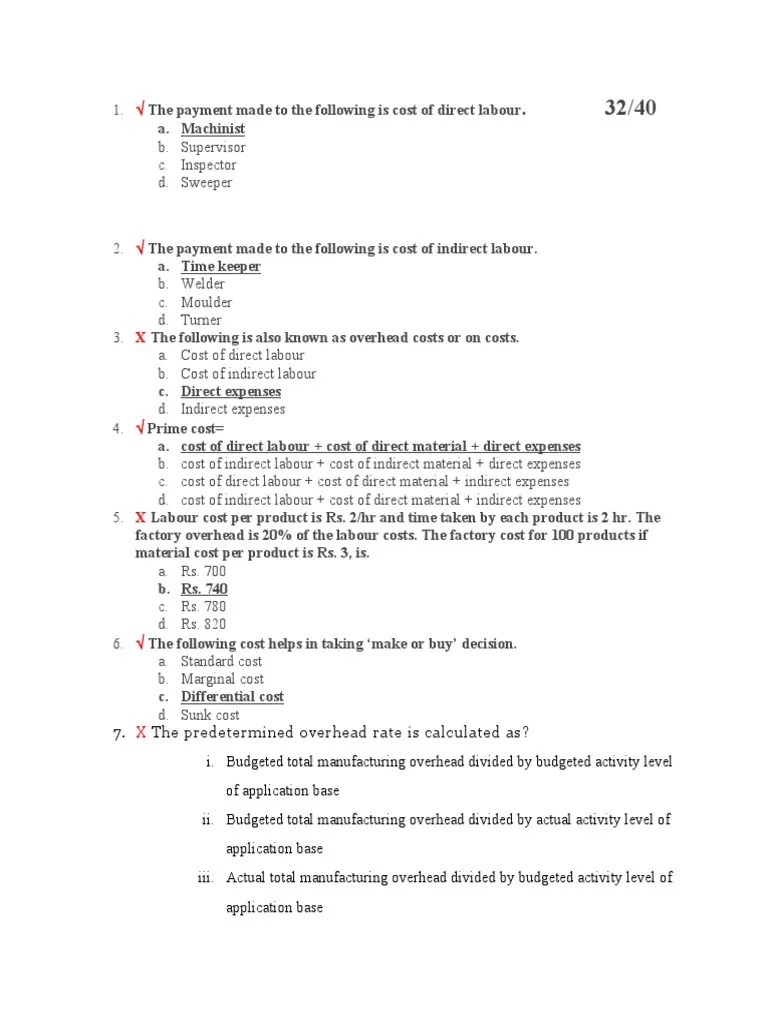 Cost Accounting Multiple Choice Questions on Classification of Costs