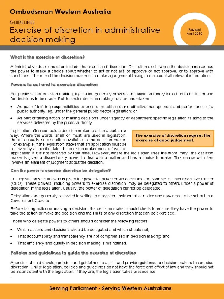 Exercise of Discretion in Admin Decision Making PDF Discretion