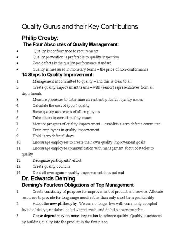 Quality Gurus and Their Key Contributions PDF Quality Management