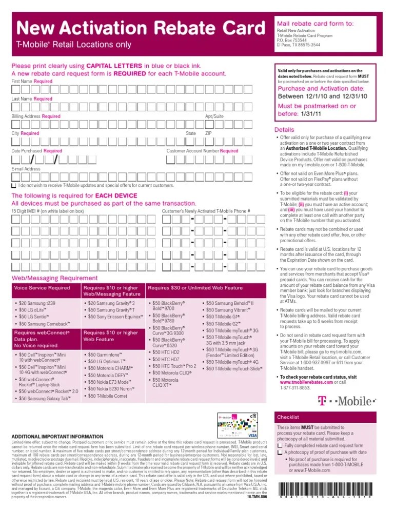 Tmobile Rebate Form PDF Rebate (Marketing) Visa Inc.