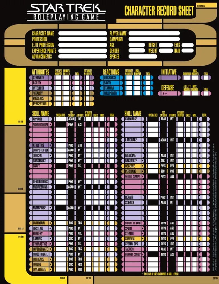 Star Trek RPG Decipher Character Sheet Front