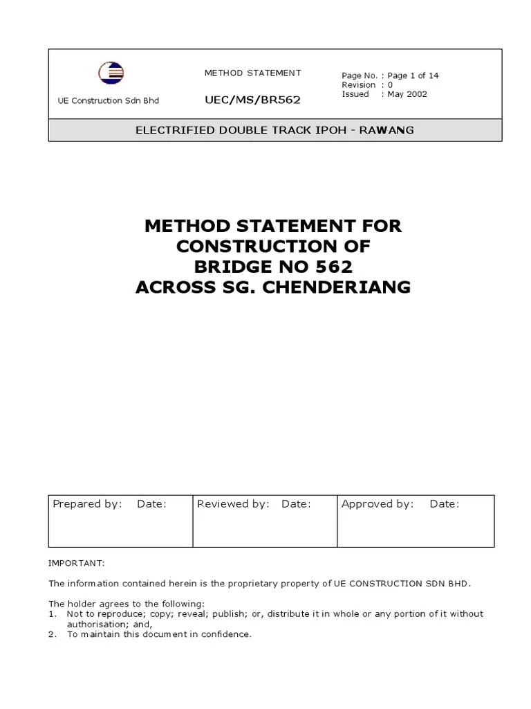 Method Statement For Construction of Bridge No 562 Across Sg. Chenderiang PDF Deep
