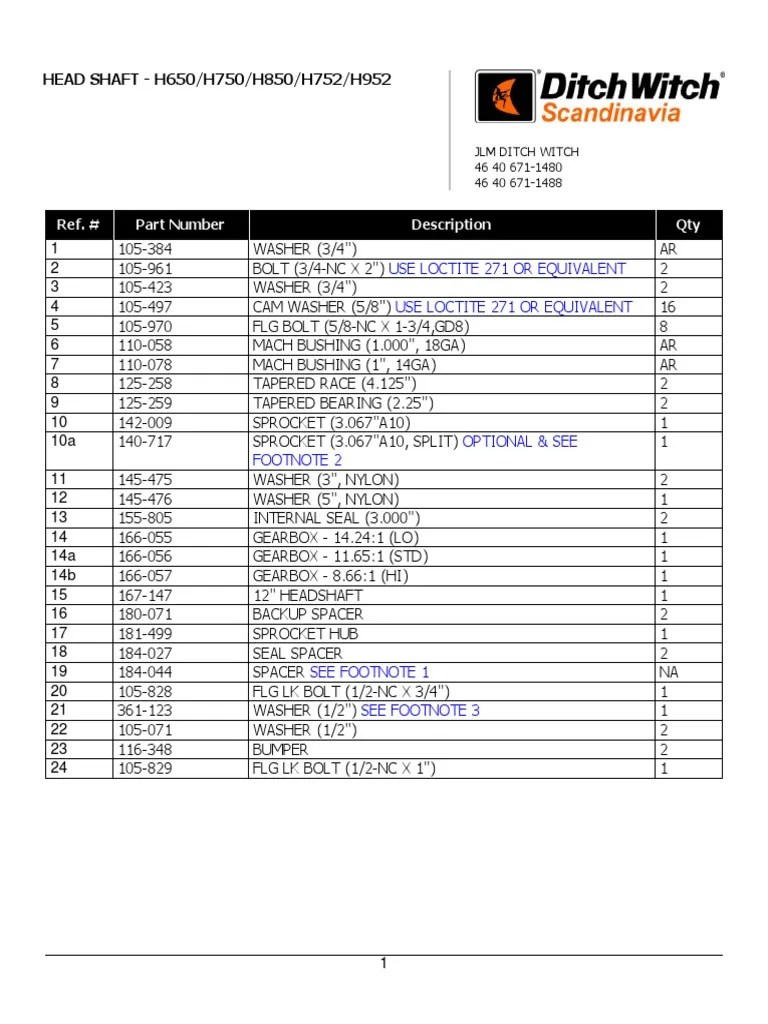 HEAD SHAFT - H650/H750/H850/H752/H952: Use Loctite 271 or Equivalent