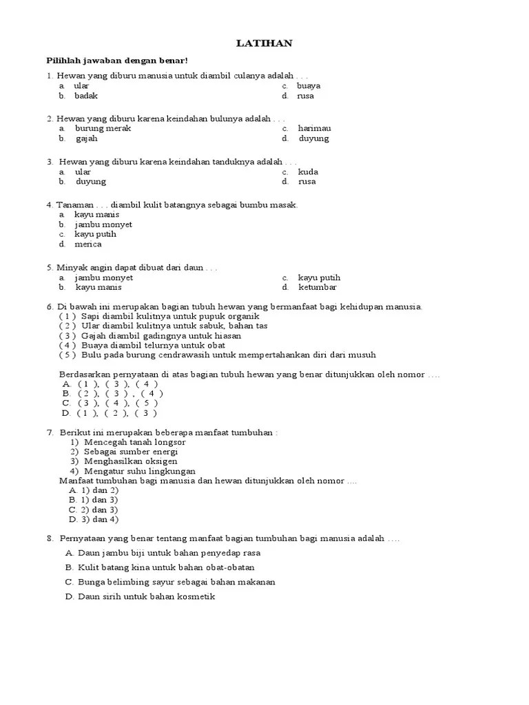 Latihan Pemanfaatan Hewan Dan Tumbuhan | PDF